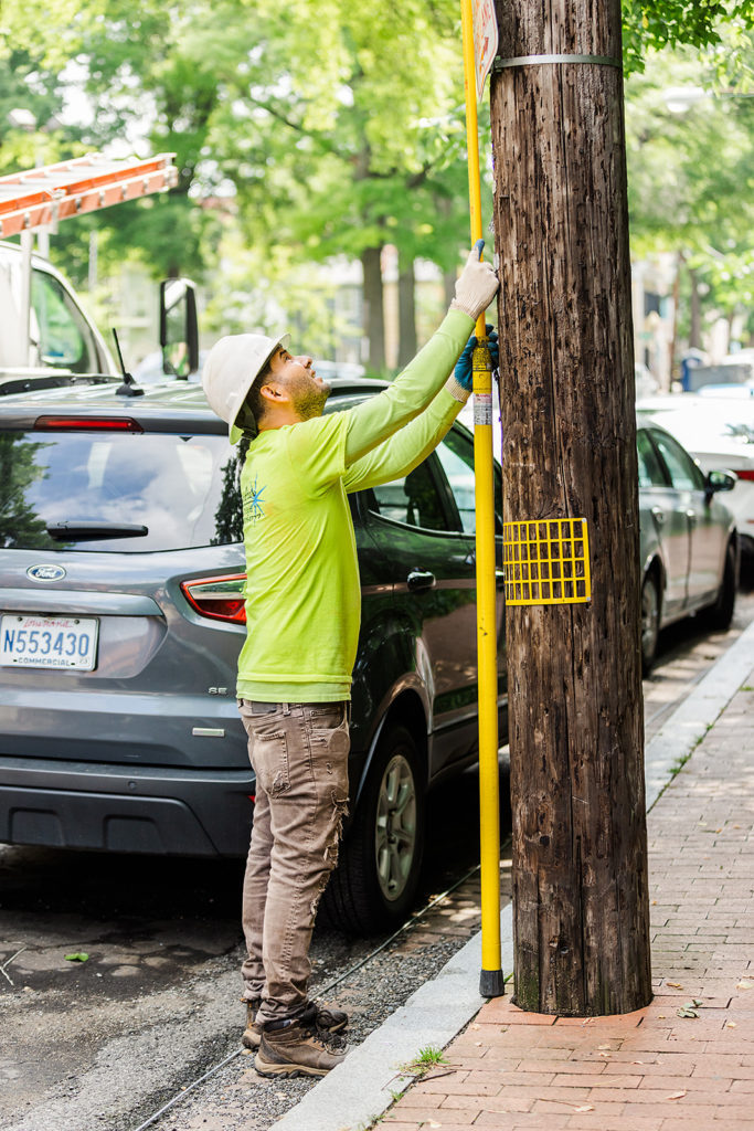 A worker stands next to a wooden telephone pole while installing an aerial cable